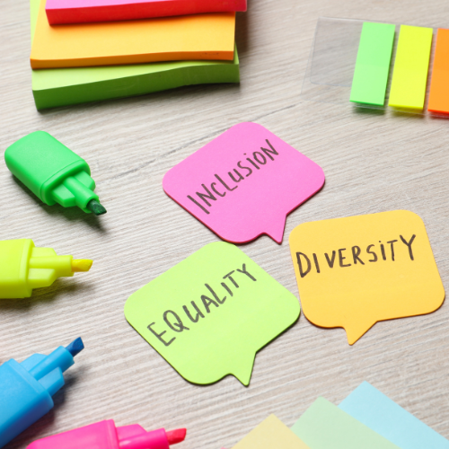sticky notes with text reading, equality, inclusion, diversity