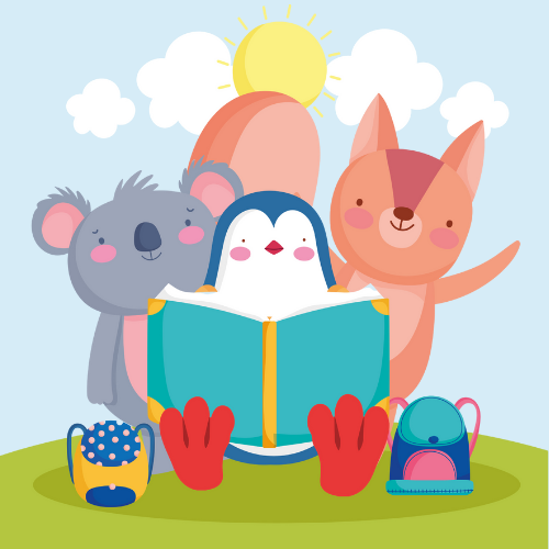 animated animals reading a book