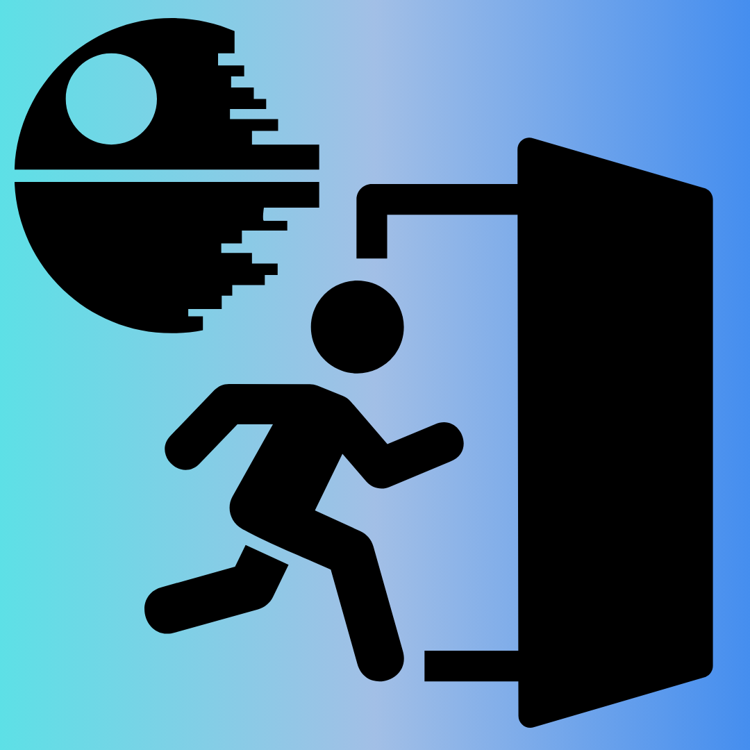 stick figure running into door; death star in background